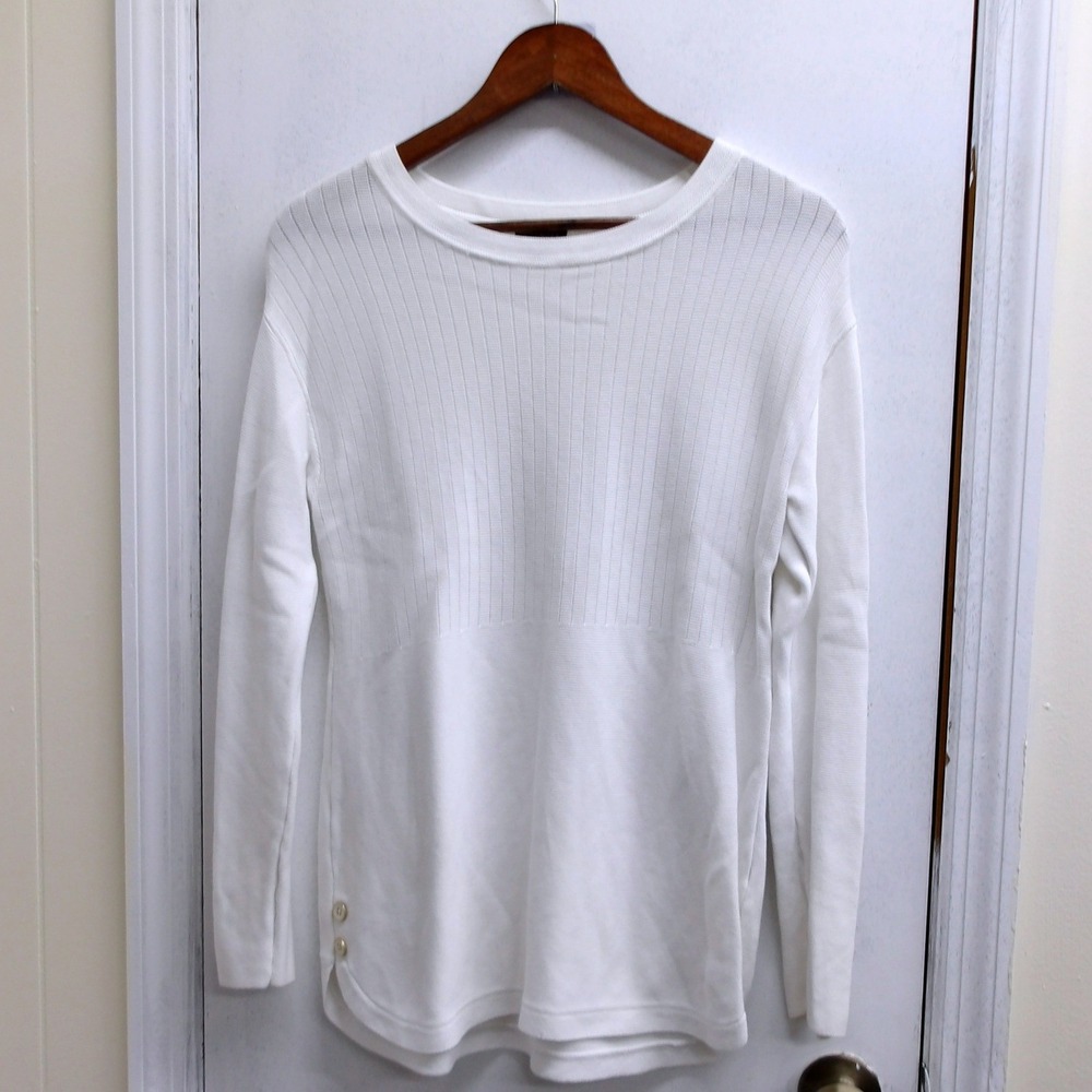 Talbots Womens White Textured Knit Long Sleeve Crew Neck Top Size S / #1307
